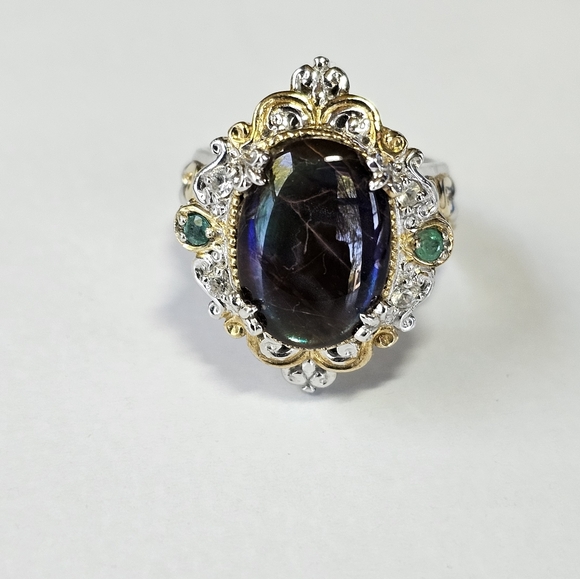 Rare Genuine Ammolite & Emerald Ring in 18k & Sterling Silver Sz 7! π - Picture 2 of 7